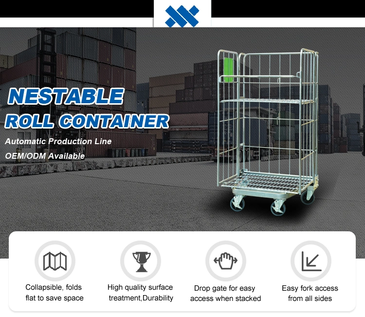 Warehouse Medium Duty Storage Logistics Transport Steel 4 Sided Security Wire Mesh Roll Container